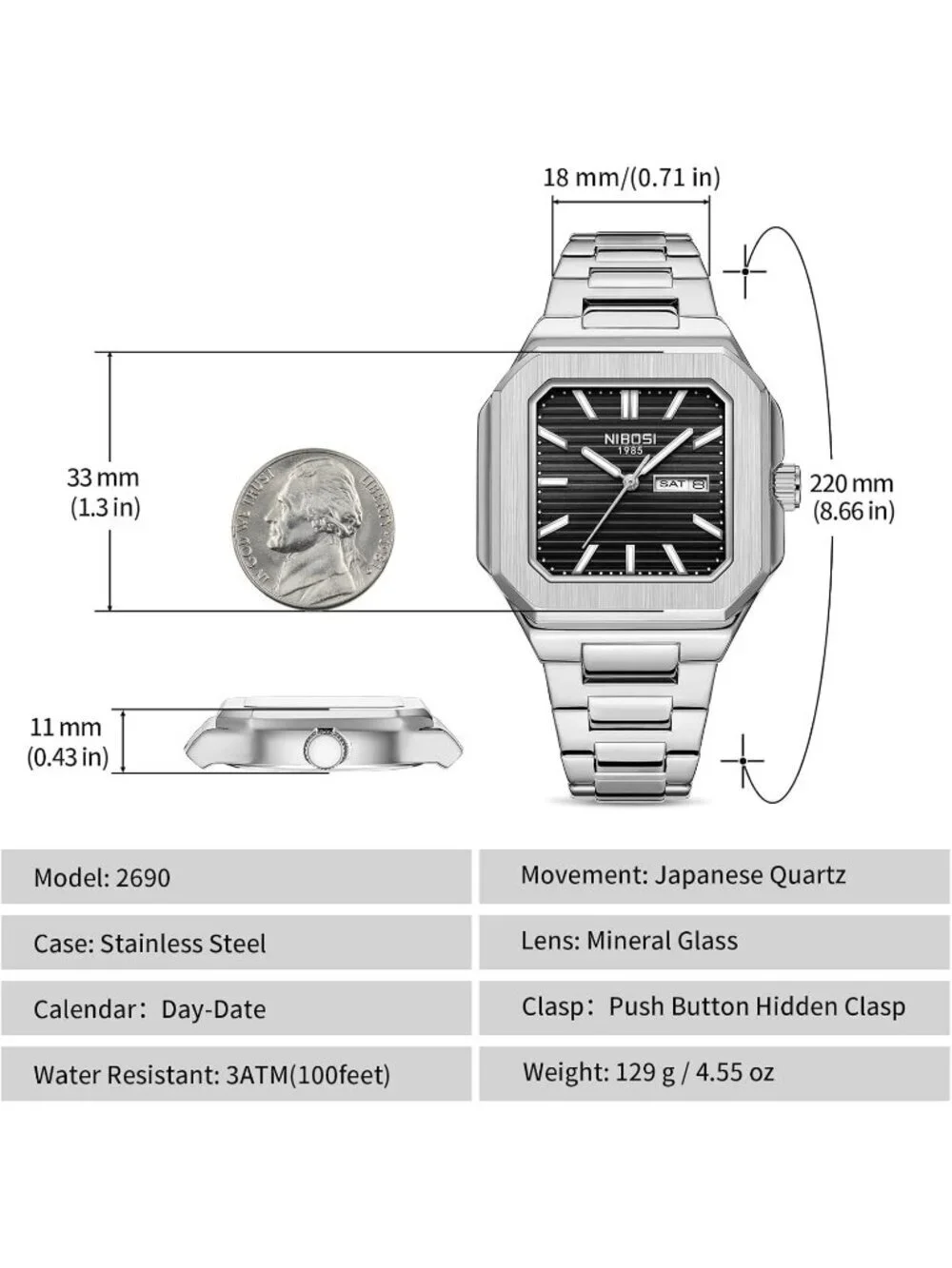 Nibosi Men's Silver Black Analog Quartz Stainless Steel Waterproof Square Watch